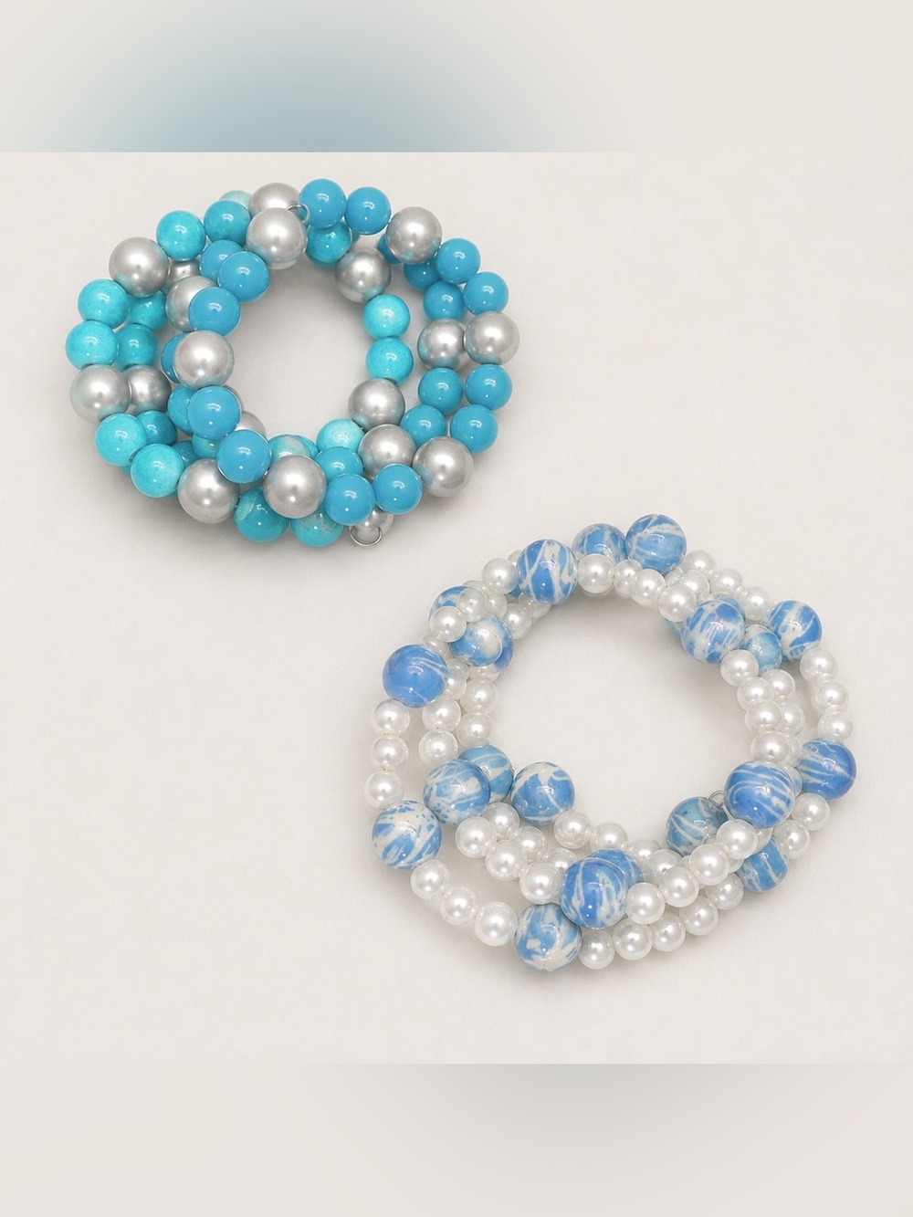 Blue, Turquoise & Pearl-Style Memory Wire Bracelets – Set of 2